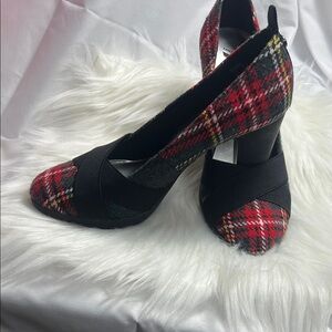 Anne Klein Red Plaid Heels with Black Straps